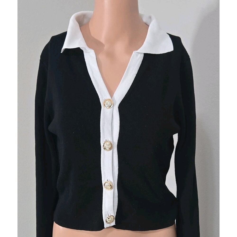 Daisy Cardigan Sweater Black White Collared Gold Button Accent V-Neck‎ L